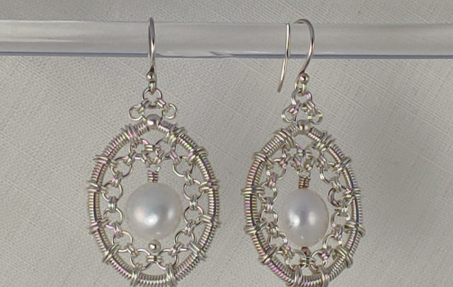 Snowshoe Earrings: sterling silver chainmaille ovals with a white pearl drop, Urban Maille