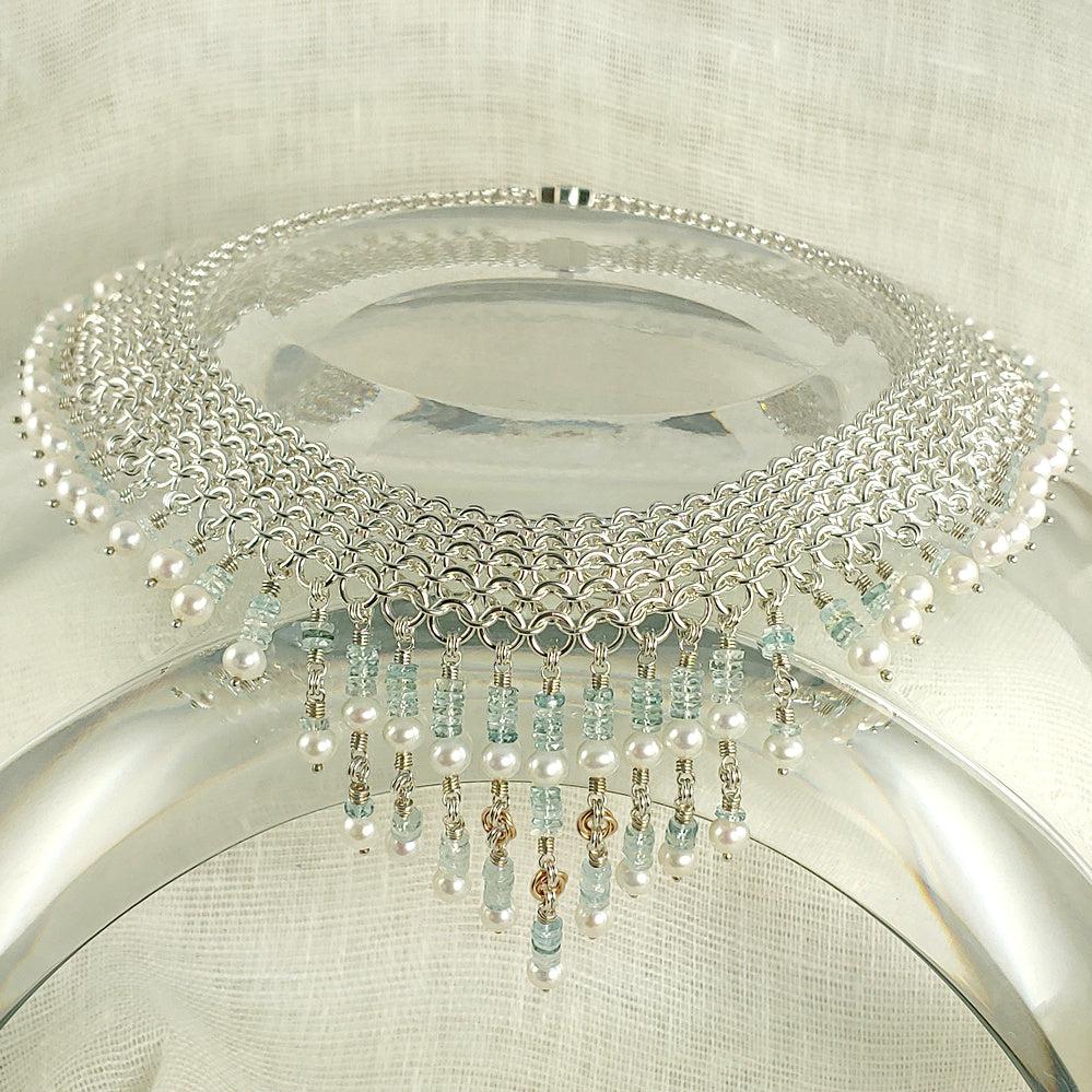 Aquamarine, Pearl, 18K Gold and Sterling Wedding Necklace