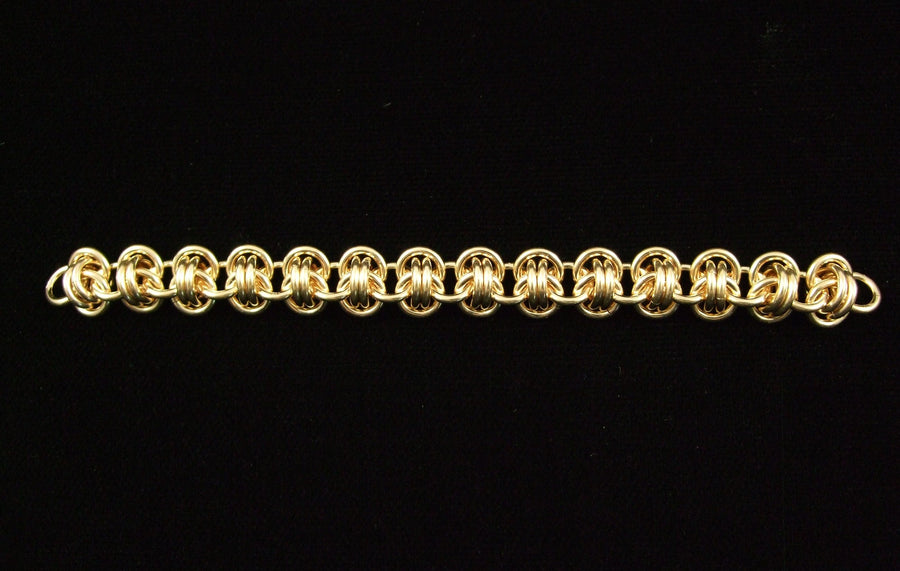 Gold-filled Barrel Weave chainmaille bracelet chain on black velvet, Urban Maille