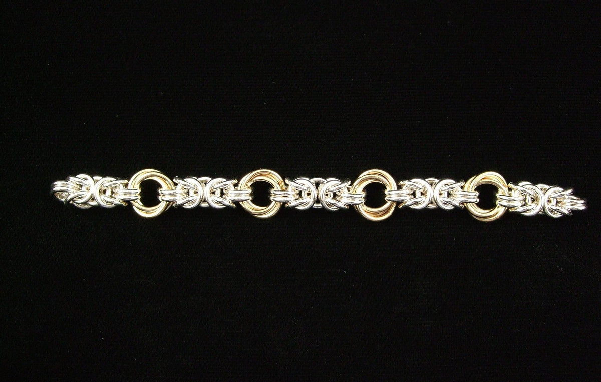 Sterling silver and gold Byzantine Rose chainmaille bracelet on black, Urban Maille