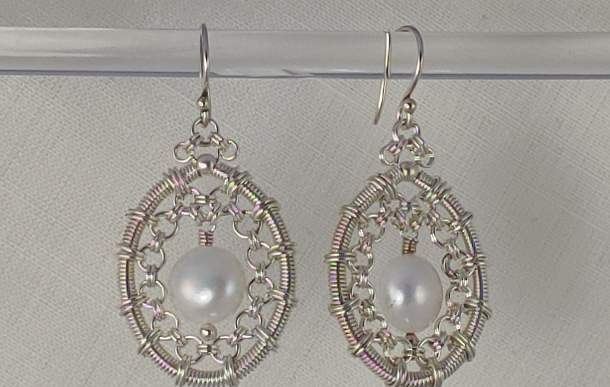 Snowshoe Earrings: sterling silver chainmaille ovals with a white pearl drop, Urban Maille