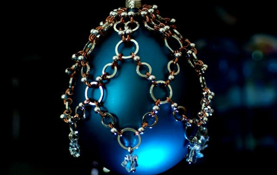 Florentine Ornament Drape of silver chainmaille on a turquoise Christmas ornament, Urban Maille