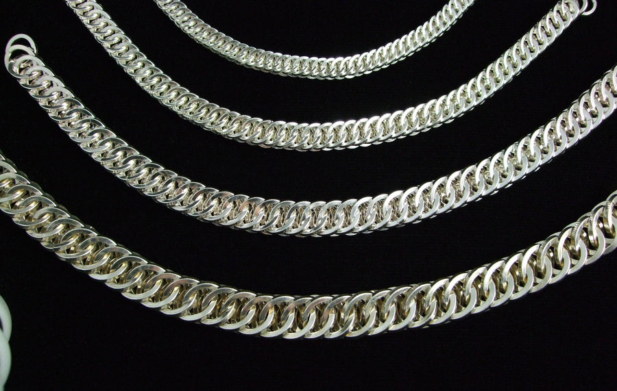 Half Persian 4-in-1 chainmaille chains in several sizes on black, Urban Maille
