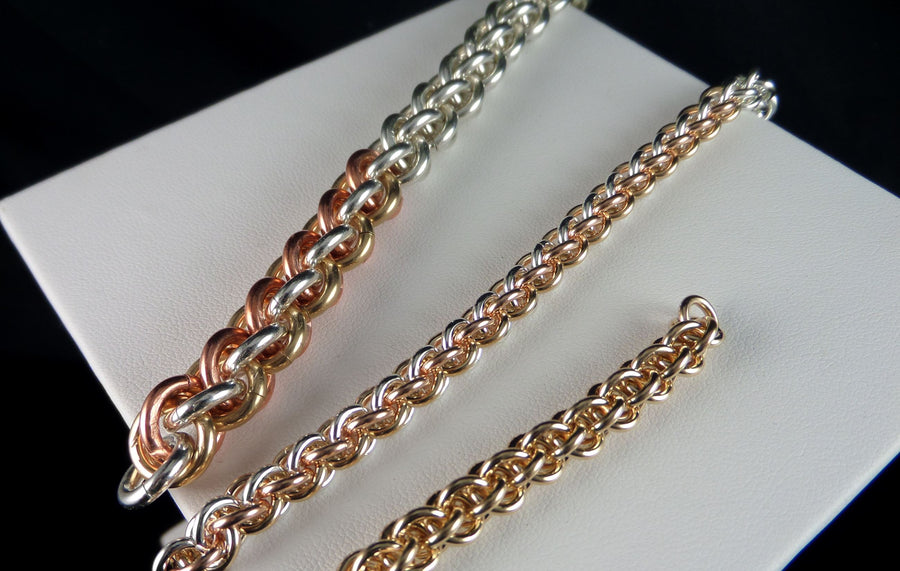Mixed-metal Jens Pind's Linkage chainmaille chains in sterling, gold-filled and rose gold-filled, Urban Maille