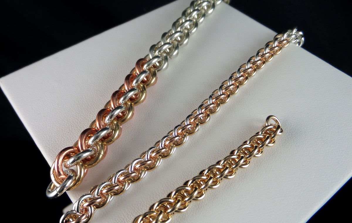 Mixed-metal Jens Pind's Linkage chainmaille chains in sterling, gold-filled and rose gold-filled, Urban Maille