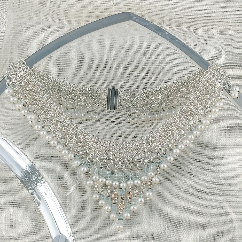 photo of Aquamarine, Pearl, 18K Gold Wedding Necklace
