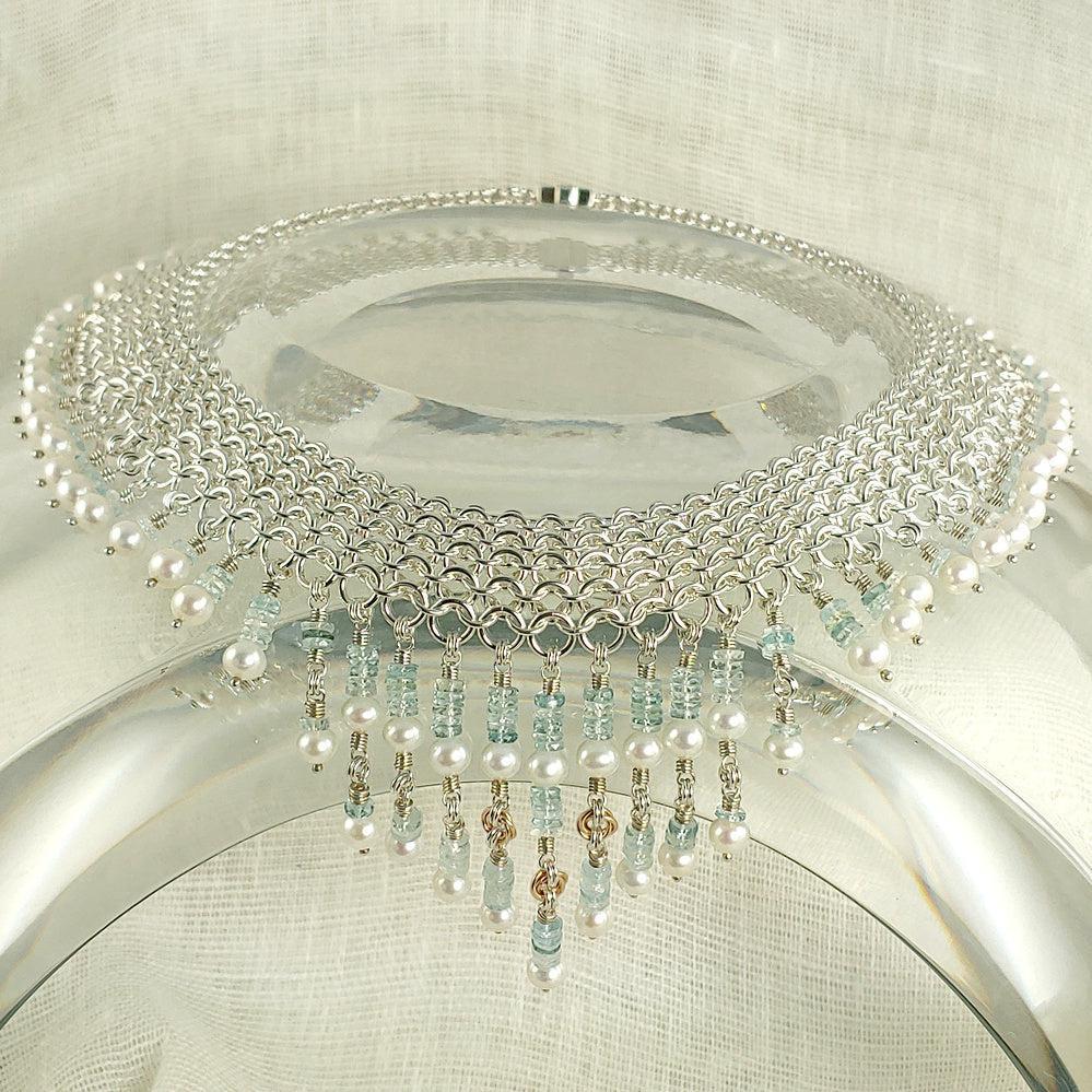 photo of Aquamarine, Pearl, 18K Gold Wedding Necklace