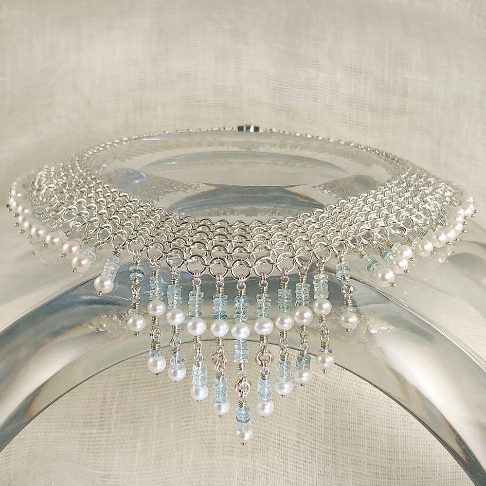 photo of Aquamarine, Pearl, 18K Gold Wedding Necklace