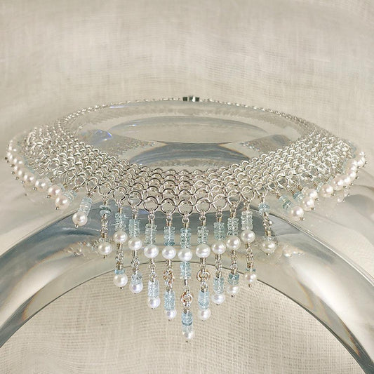 photo of Aquamarine, Pearl, 18K Gold Wedding Necklace