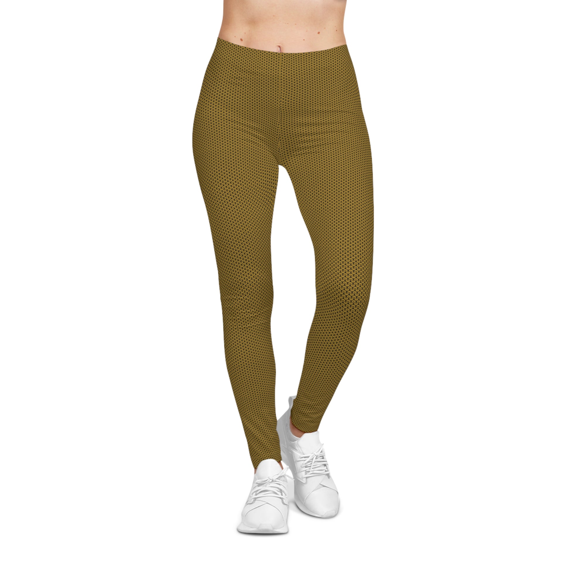Front view of Mustard Matte Metal Chainmaille Leggings by Urban Maille