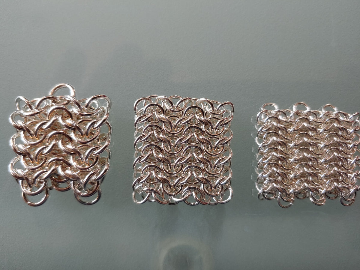 Elfweave RD swatches in 16g, 18g and 20g sterling