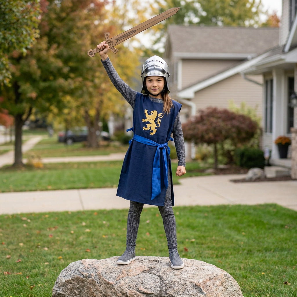 Girl in a knight costume over chainmail print clothing, holding up a sword