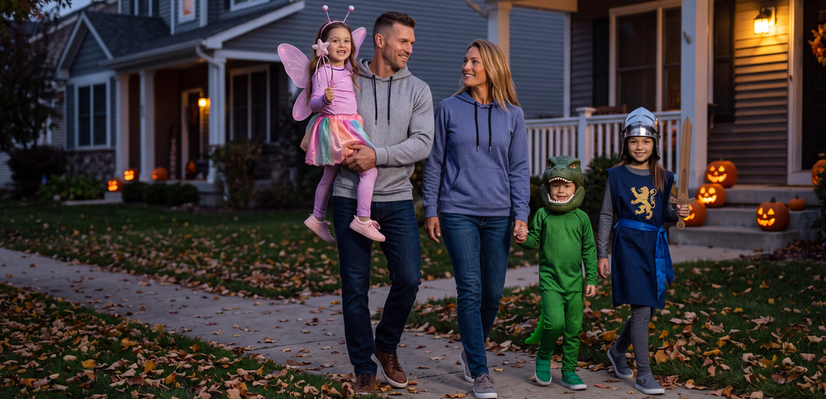 Family trick-or-treating in costumes with chainmail print clothing