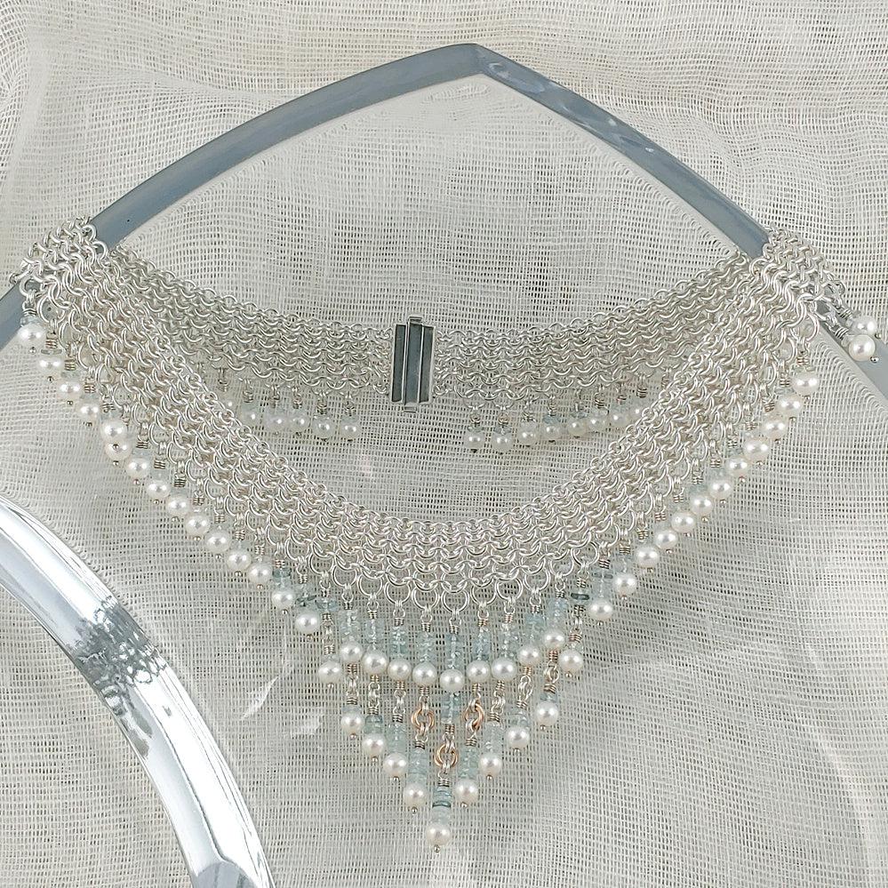 Aquamarine, Pearl, 18K Gold and Sterling Wedding Necklace